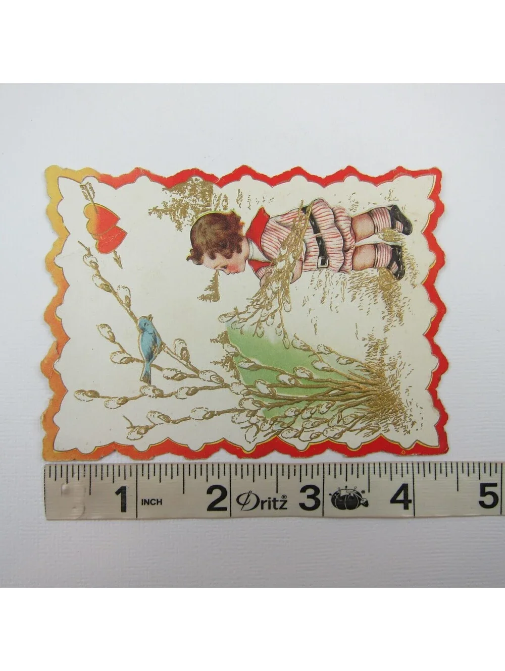 Valentine Card Boy Sailor Suit Blue Robin Bird Embossed Die cut Bifold Antique